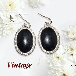 Vintage Black and Silver Drop Earrings Fish Hook 1 1/4"